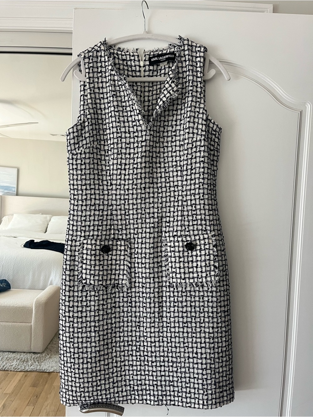 Karl Lagerfeld Navy and White Tweed Pocket Sheath Dress
